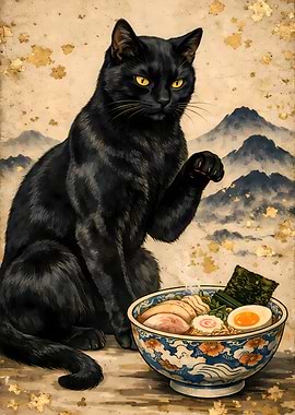Majestic Black Cat Paw with Ramen Bowl