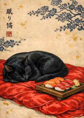 Sleeping Black Cat By Sushi Wood Tray