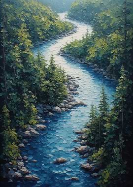 Serene river flowing through lush forest landscape painting