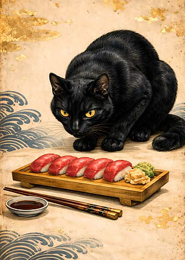 Black Cat Seated with Premium Sushi