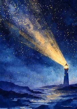 Lighthouse beam in starry night sky