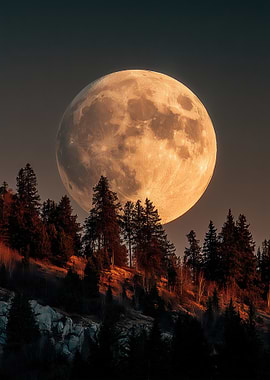 Full Moon Over Forested Hillside