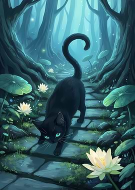 Black Cat in a Mystical Forest