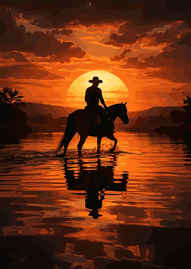 Cowboy Riding Horse at Sunset