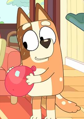 Bluey holding a water balloon