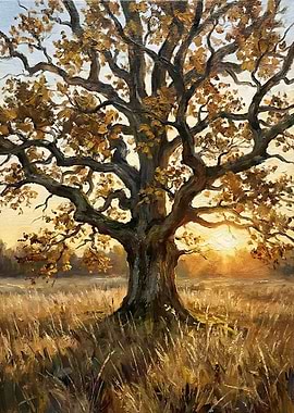Autumn Oak Tree at Sunset