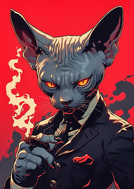 Sphynx Cat in Suit Smoking Cigar