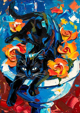 Black Cat Among Orange Roses