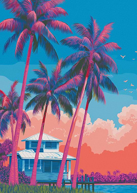 Tropical Beach House with Palm Trees