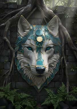 Mystical Wolf Mask on Ancient Wall