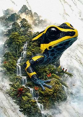 Vibrant Poison Dart Frog in Lush Waterfall Landscape