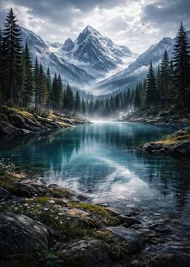 Misty Mountain Lake Landscape
