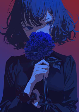 Anime Girl with Blue Flowers