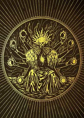 Multi-armed skeletal deity with fiery aura