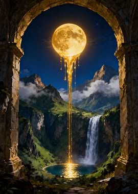 Golden Moon Drips into Waterfall Pool