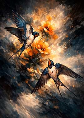 Swallows and Flowers Painting