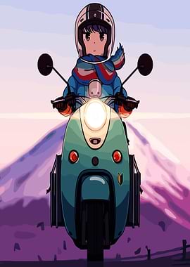 Anime girl riding a scooter with Mt. Fuji