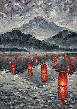 Lanterns on Water with Mountains