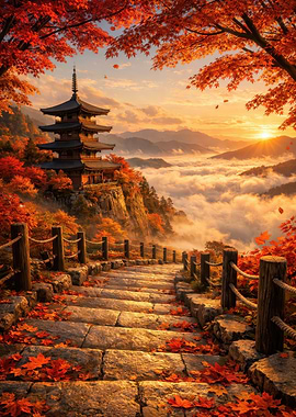 Pagoda Overlooking Misty Mountains at Sunset