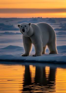 Polar Bear on Ice at Sunset