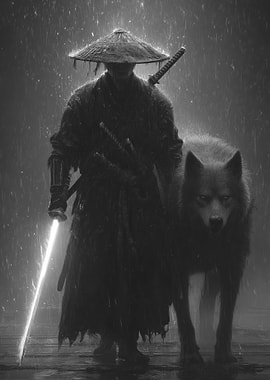 Samurai with Wolf in Rain