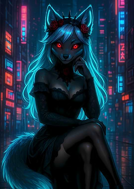 Cyberpunk Fox Girl in Neon City