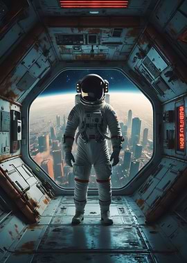 Astronaut in Space Station Hatch Over Futuristic City