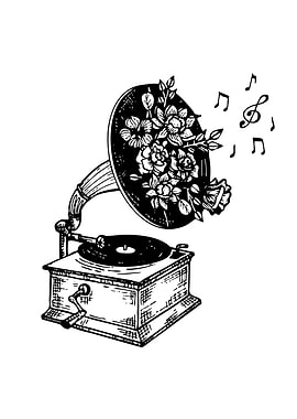 Vintage Gramophone with Flowers and Music Notes
