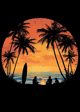 Sunset Beach Bonfire with Palm Trees