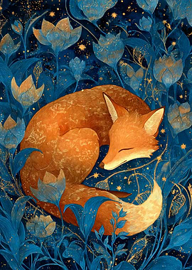 Sleeping Fox in Floral Night Garden