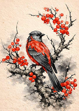 Bird on a branch with berries