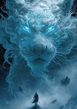 Ethereal Lion Confronts Warrior