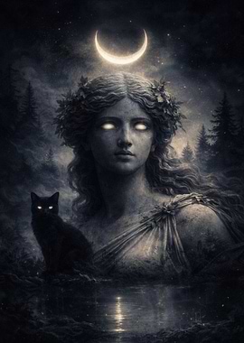 Mystical Moon Goddess and Black Cat