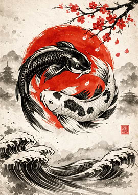 Yin Yang Koi Fish with Cherry Blossoms