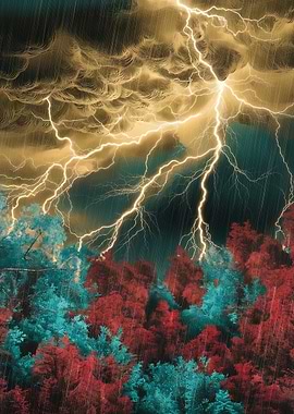 Thunderstorm over colorful forest