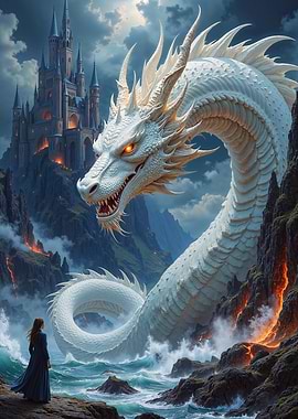 White Dragon confronting a woman near a castle