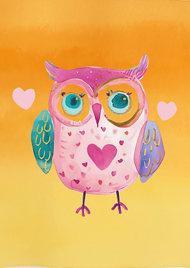 Cute Pink Owl with Hearts