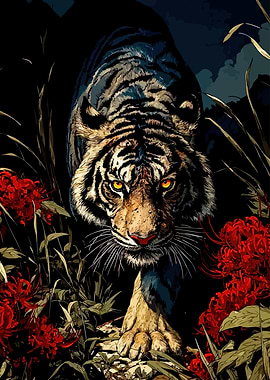 Tiger in Red Flowers