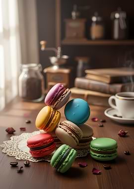 Assortment of Colorful Macarons with Coffee