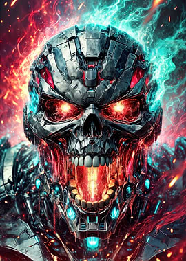 Cybernetic Skull with Fiery Aura