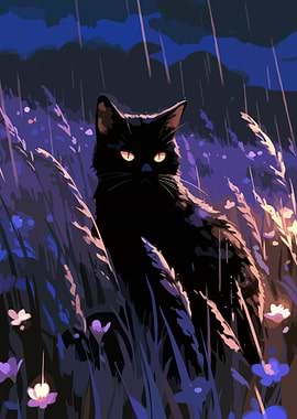 Black Cat in Rainy Field Majestic Art