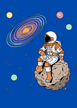 Astronaut Sitting on Asteroid in Space