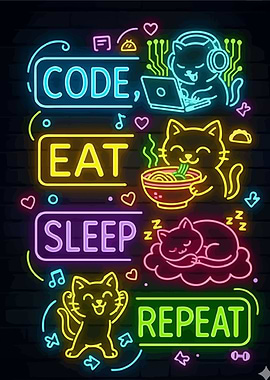 Code Eat Sleep Repeat Neon Cats