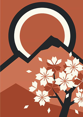 Minimalist Japanese Mountain and Cherry Blossoms