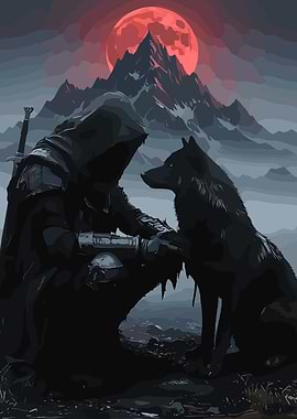 Hooded Figure and Wolf Under Red Moon
