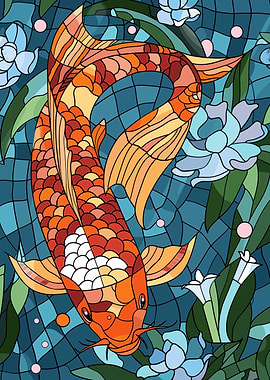 Stained Glass Koi Fish and Lotus Flowers