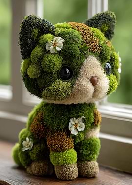 Moss Cat Sculpture with Flowers