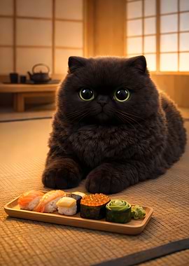 Chubby Black Cat Laying on Tatami with Sushi 3D Art