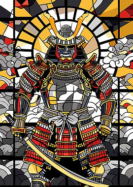 Samurai Warrior in Stained Glass Style