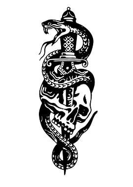 Snake coiled around dagger and skull